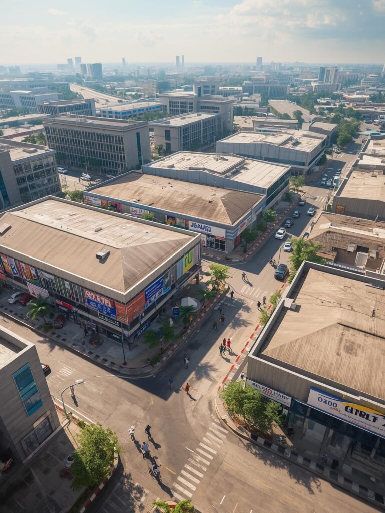 modern commercial district in Abuja, Nigeria, featuring a variety of office buildings, retail shops, and industrial warehouses. The architecture is contemporary and well-maintained, reflecting a thriving business environment. Sunlight casts sharp shadows, highlighting the textures of concrete, glass, and metal. The scene includes well-paved roads, some pedestrian activity, and a clear blue sky.