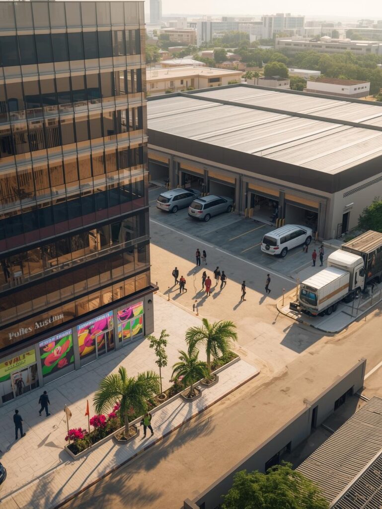 modern commercial district in Abuja, Nigeria, featuring a variety of office buildings, retail shops, and industrial warehouses. The architecture is contemporary and well-maintained, reflecting a thriving business environment. Sunlight casts sharp shadows, highlighting the textures of concrete, glass, and metal. The scene includes well-paved roads, some pedestrian activity, and a clear blue sky.