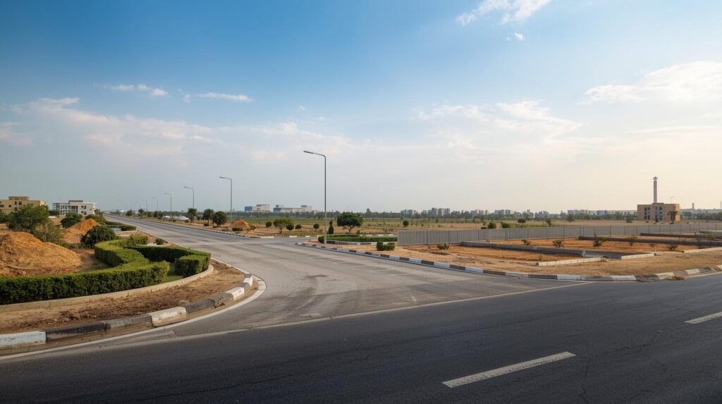 A serene landscape in Abuja, Nigeria, showcasing secure land plots ready for development and investment opportunities, with clear skies and fertile grounda.