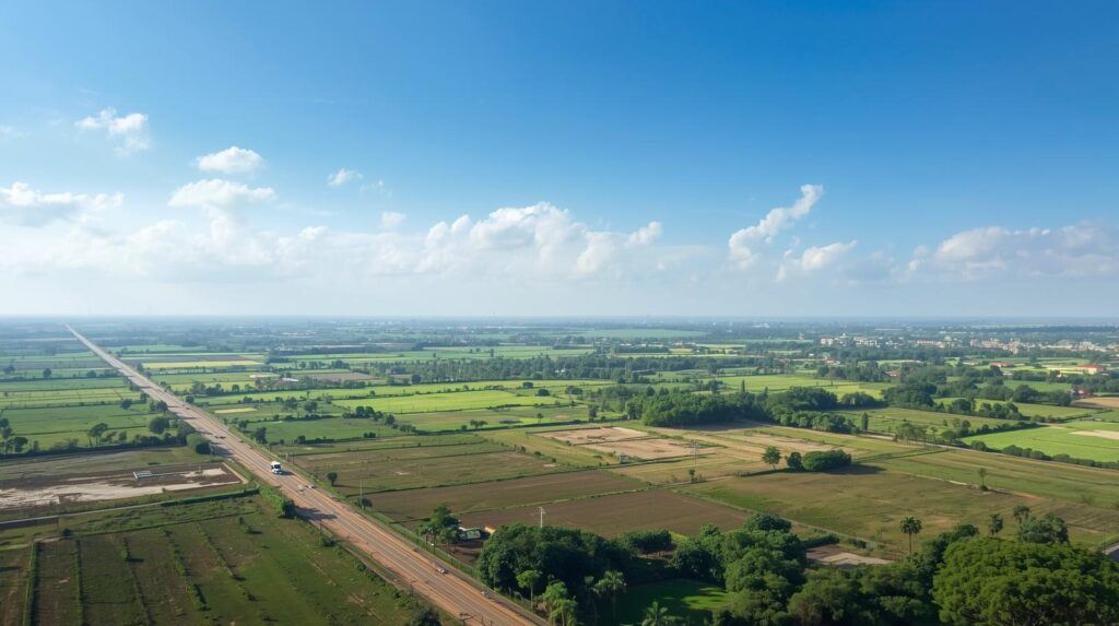 A serene landscape in Abuja, Nigeria, showcasing secure land plots ready for development and investment opportunities, with clear skies and fertile grounda.