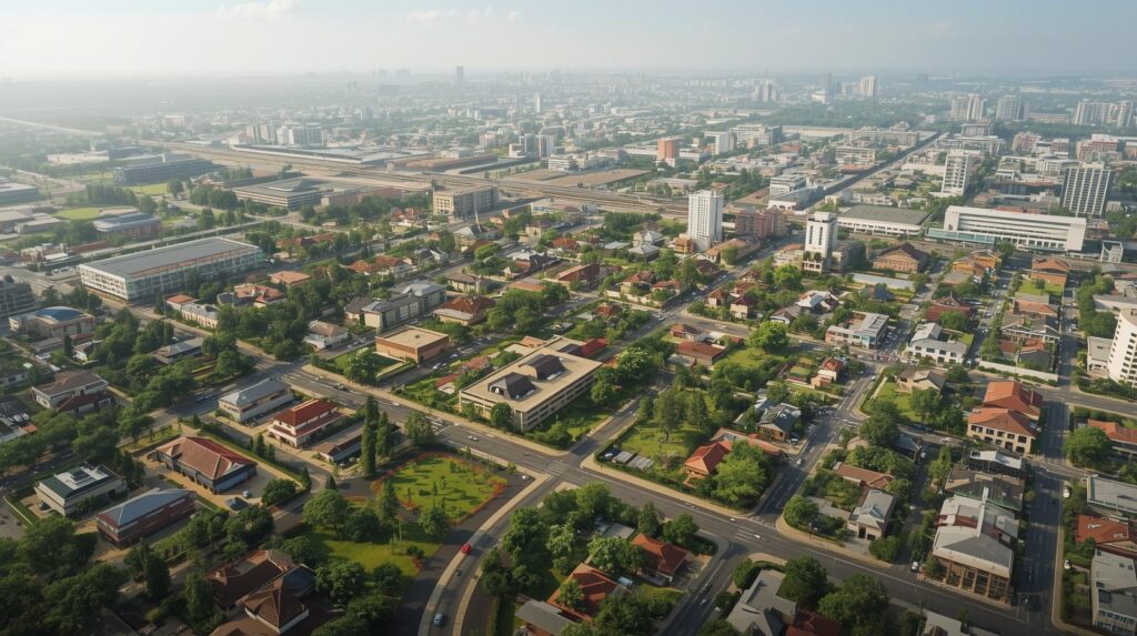 A serene landscape in Abuja, Nigeria, showcasing secure land plots ready for development and investment opportunities, with clear skies and fertile grounda.