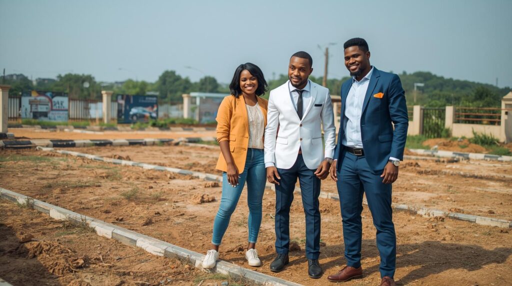 A Nigerian family or couple discussing with a real estate agent while pointing at a plot of land.
