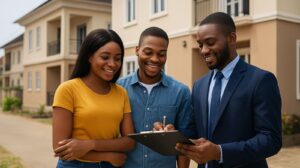 A young African woman sitting at a desk with a laptop, researching real estate opportunities online in a bright modern home office.