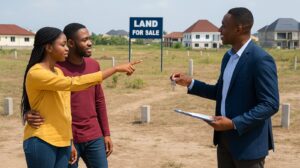 A Nigerian family or couple discussing with a real estate agent while pointing at a plot of land.