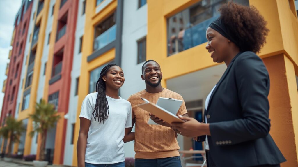 A modern apartment building in Lagos, Nigeria, with a young African couple meeting a real estate agent outside. The couple looks happy and excited, holding a clipboard. Bright daylight, urban Lagos background, clean and professional look