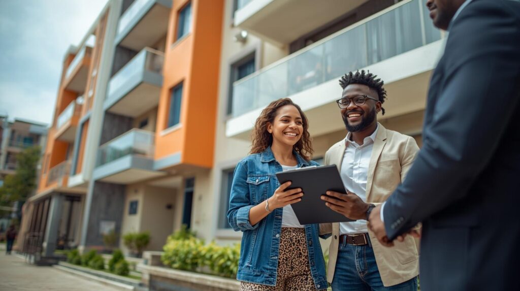A modern apartment building in Lagos, Nigeria, with a young African couple meeting a real estate agent outside. The couple looks happy and excited, holding a clipboard. Bright daylight, urban Lagos background, clean and professional look