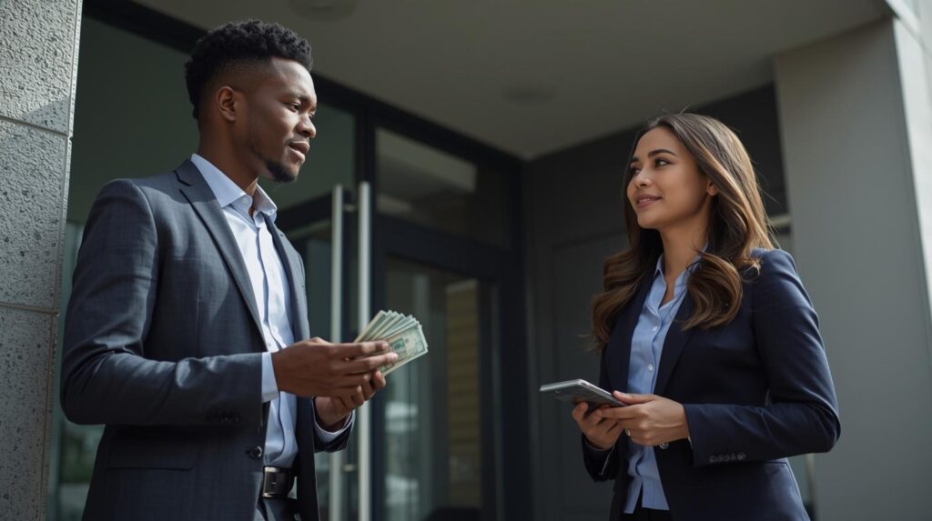 A Nigerian tenant holding money cautiously while meeting a real estate agent outside an apartment building. The scene shows trust and professionalism, with a modern urban background, daylight, and a serious but hopeful mood.