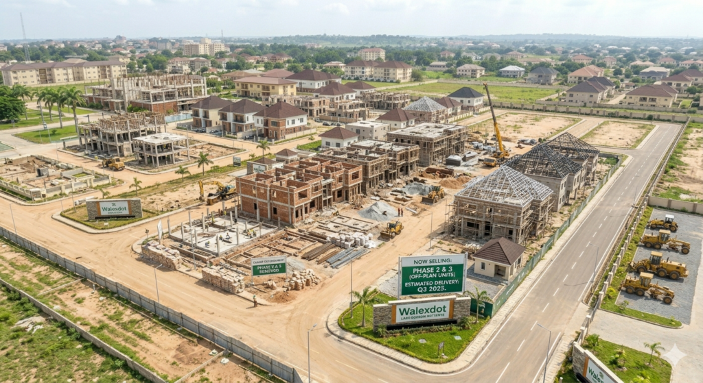 Buying Off-Plan Property in Nigeria, An aerial perspective photograph of a bustling, active construction site within the master-planned Walexdot estate on a clear day. In the center, multiple modern houses are visibly underway in various stages of completion, showcasing exposed brickwork, concrete foundations, and wooden roof trusses. Active construction machinery, including yellow excavators, a crane, and concrete rollers, are operating throughout the grounds. Near the freshly paved asphalt road entrance stands a prominent stone monument sign bearing the "Walexdot" logo, right next to a large billboard that reads "NOW SELLING: PHASE 2 & 3 (OFF-PLAN UNITS); ESTIMATED DELIVERY: Q3 2025." Completed brown-roofed houses stand further back, contrasting with the active build zone.