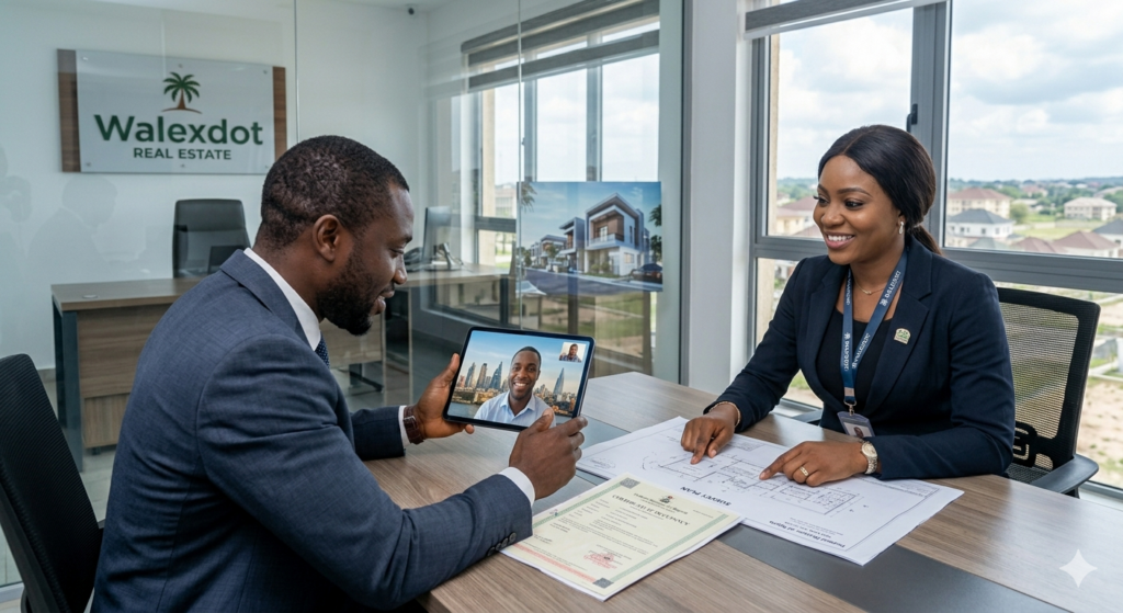Diaspora real estate investment, An eye-level photograph inside a modern corporate real estate office in Nigeria. A male real estate consultant in a sharp navy suit sits at a wooden conference table alongside a smiling female colleague in a dark corporate blazer wearing a lanyard. The male consultant holds up a tablet displaying a live video call with a smiling male Nigerian diaspora client, who has a major international city skyline visible behind him. Spread out on the table are official property documents, including a registered Survey Plan and a Certificate of Occupancy (C of O) bearing an official government seal. In the background, a large glass window overlooks a sprawling residential neighborhood. On the back wall, a sleek glass sign features the "Walexdot Real Estate" corporate logo with its signature green palm tree icon.
