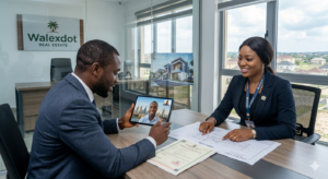 Diaspora real estate investment, An eye-level photograph inside a modern corporate real estate office in Nigeria. A male real estate consultant in a sharp navy suit sits at a wooden conference table alongside a smiling female colleague in a dark corporate blazer wearing a lanyard. The male consultant holds up a tablet displaying a live video call with a smiling male Nigerian diaspora client, who has a major international city skyline visible behind him. Spread out on the table are official property documents, including a registered Survey Plan and a Certificate of Occupancy (C of O) bearing an official government seal. In the background, a large glass window overlooks a sprawling residential neighborhood. On the back wall, a sleek glass sign features the "Walexdot Real Estate" corporate logo with its signature green palm tree icon.