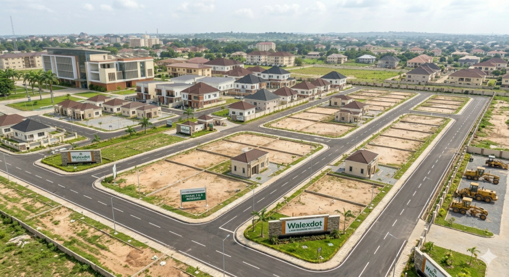 Land banking in Nigeria, An aerial photograph of a large, structured development site. Prominent in the foreground are two matching stone monuments at a wide road entrance, clearly displaying the "Walexdot Land Banking Initiative" logo with a palm tree icon. A green sign further along the road reads "PHASE 7 & 8 RESERVED." Multiple small, grey and brown prototype structures are built, showing the intended architectural style. Wide, freshly paved roads with sidewalks and modern streetlights connect the phases. Adjacent to these built areas are expansive, cleared plots of raw land and graded earth, showcasing a "land banking" strategy where plots are held for future development. Heavy construction vehicles, including graders and rollers, are parked near the developing edge, indicating ongoing work. The large, completed institutional building from the previous image is visible in the background, anchoring the master-planned estate within a burgeoning urban area.